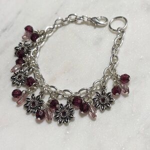 Artisan Silver Tone Red Wine Floral and Dusty Rose Faceted Charm Beaded Bracelet